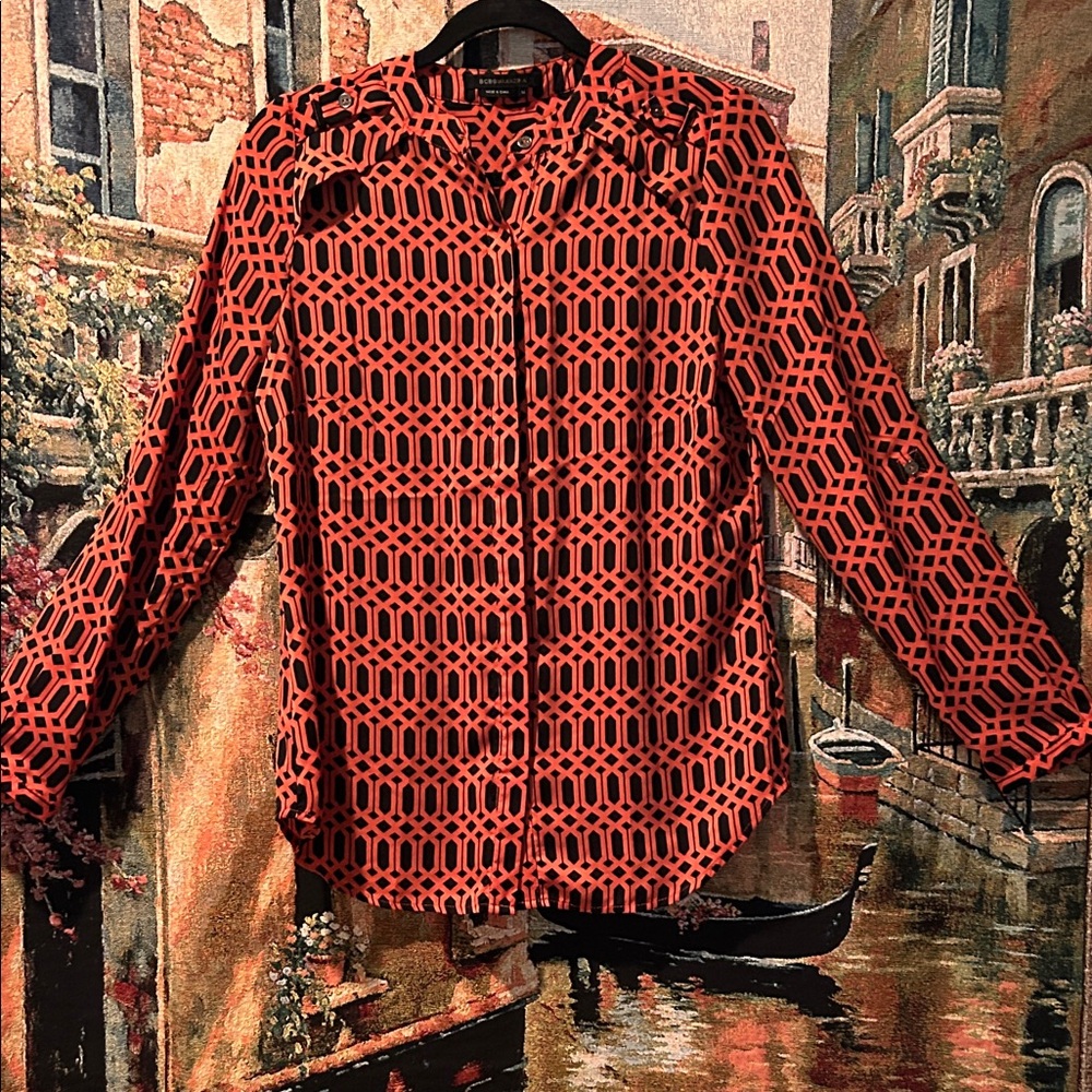 Women’s BCBGMaxAzria Orange and Black Patterned Blouse